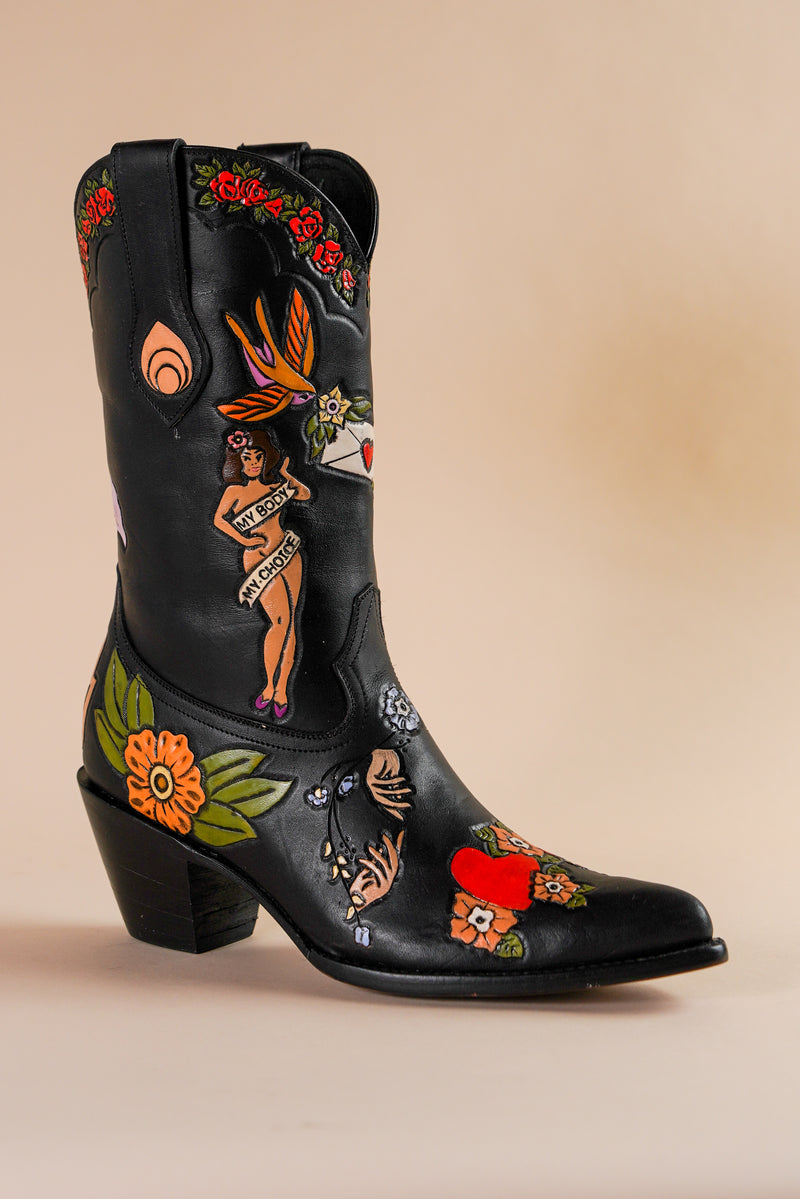 My Body My Choice Doodle Cowboy Bootie in Midnight