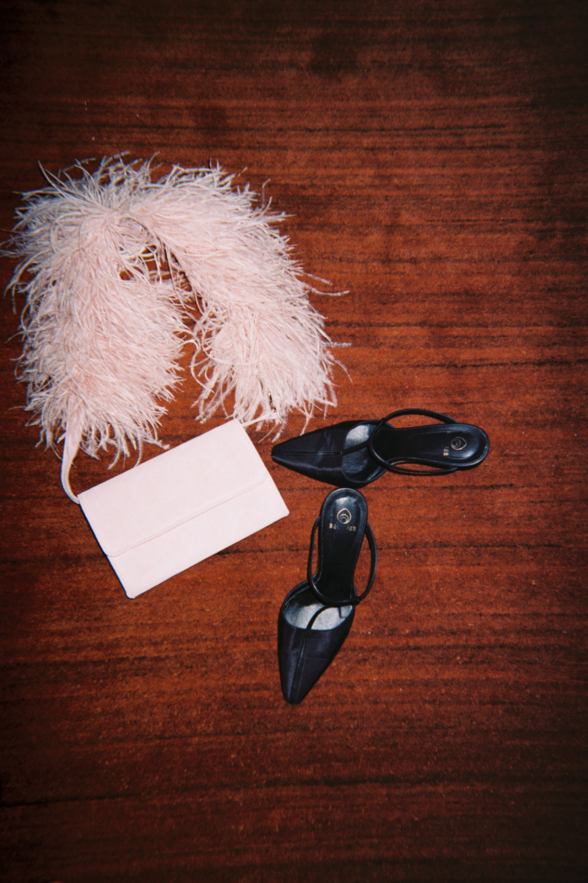 Brother Vellies Olivia Pump in Midnight Nylon laid out next to the Lijadu Bird Bag in Candy Floss