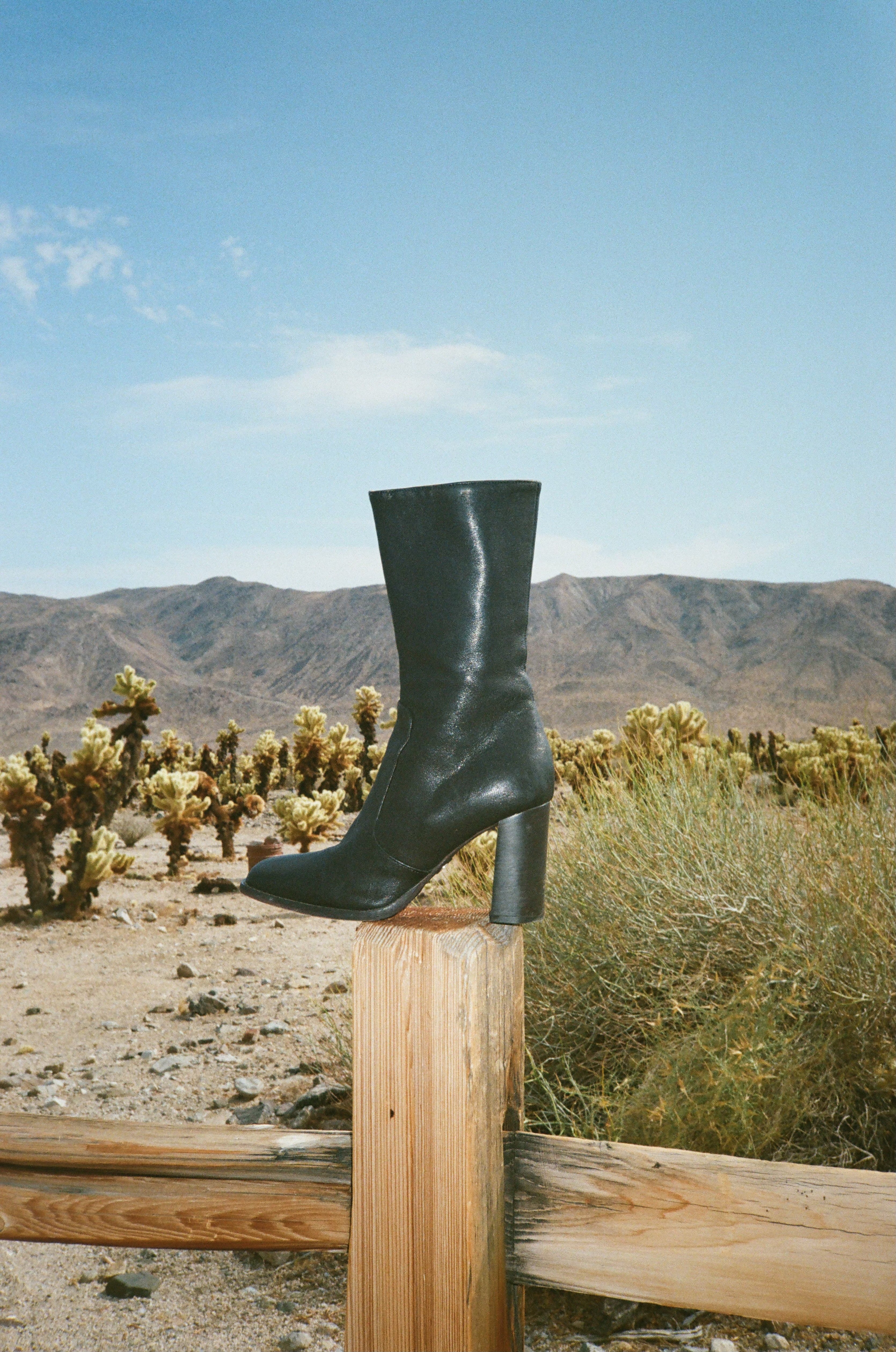 A black leather mid-calf boot with a chunky block heel and pointed toe, resting on a wooden fence post in a desert landscape with mountains and cacti in the background.