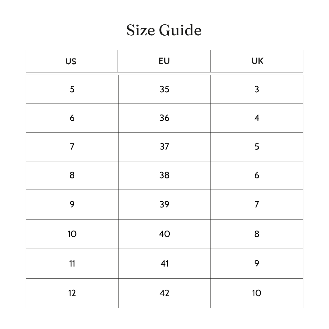 A women's footwear size guide table with columns labeled US, EU, and UK, showing numeric measurements from 5 to 12.