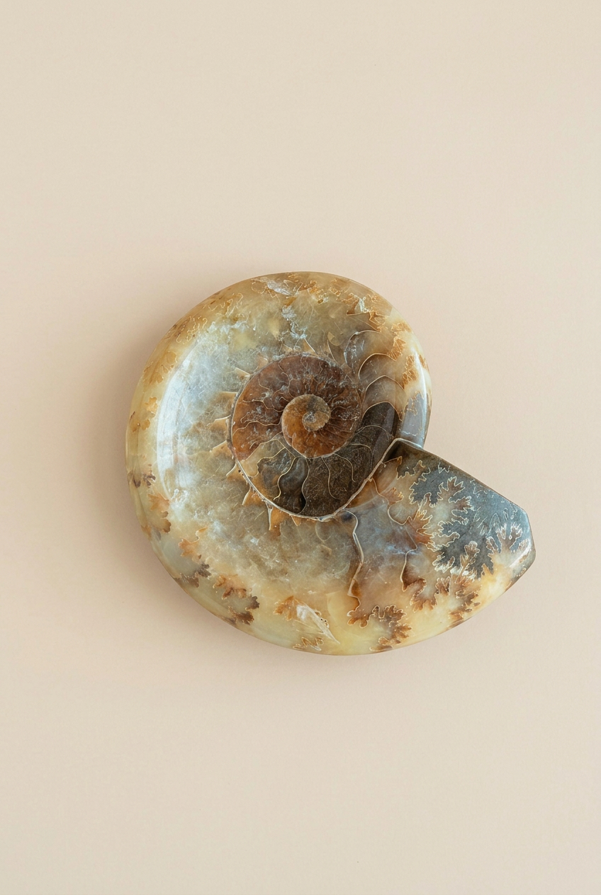 A polished oval stone or shell-like object featuring a detailed spiral fossil pattern in brown, beige, and gray tones, photographed on a plain warm beige background.