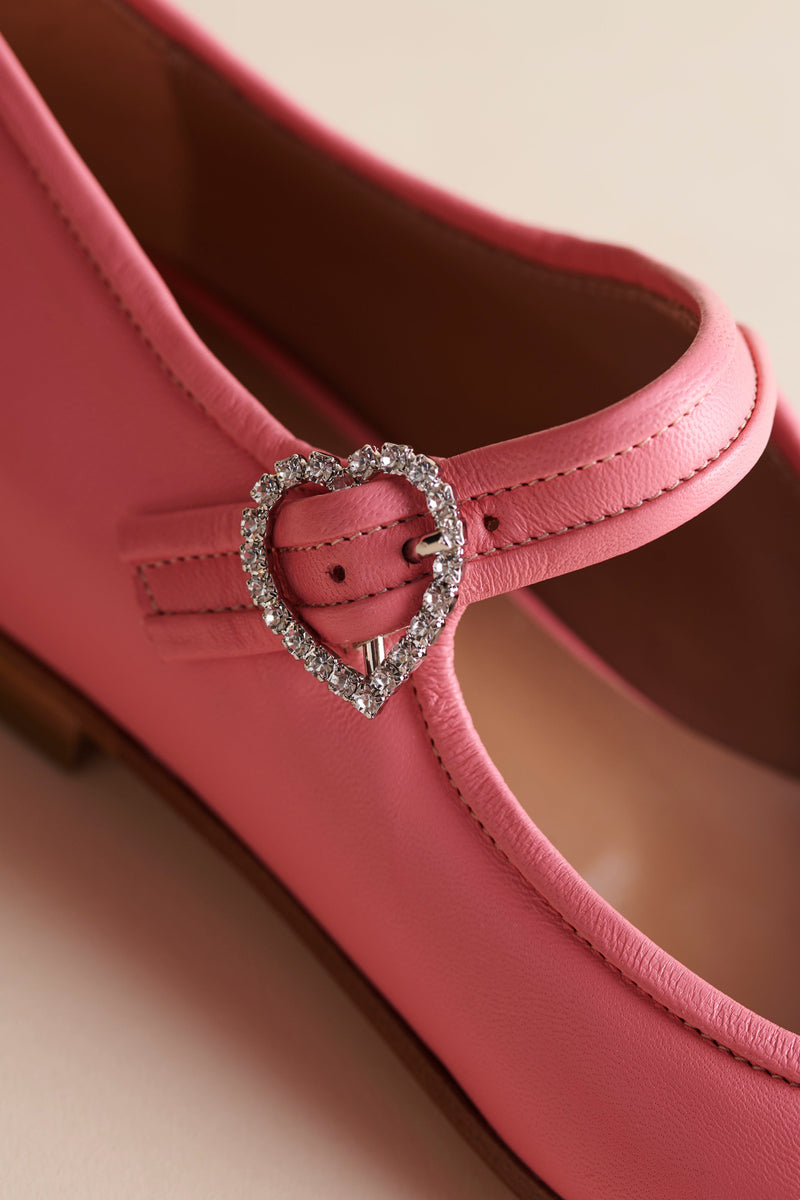 Brother Vellies Picnic Shoe in Flamingo pink zoomed in on the heart-shaped swarovski diamond buckle