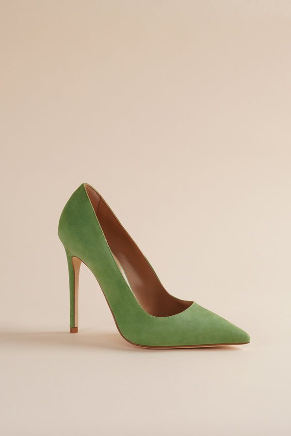 Heeled Pump in Green Suede