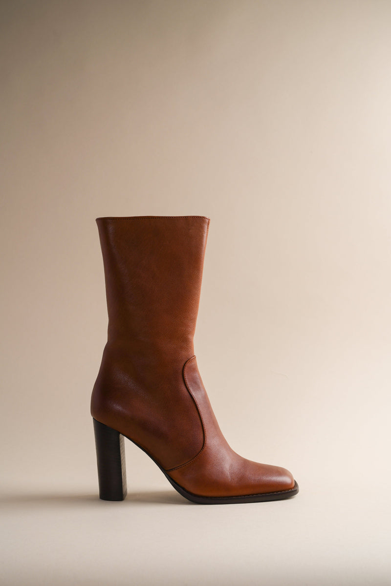 Caramel colored leather boot with 3.5" heel