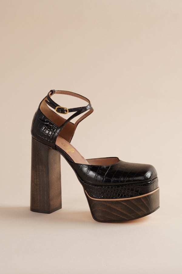 Disco Mary Jane Platform in Espresso Faux Croc