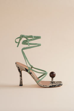 Globe Sandal in Faux Snake and Green Leather Straps