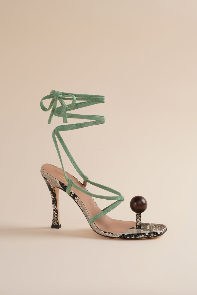 Globe Sandal in Faux Snake and Green Leather Straps