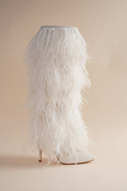 To the knee boot in white with white feathers and 3.5" heel
