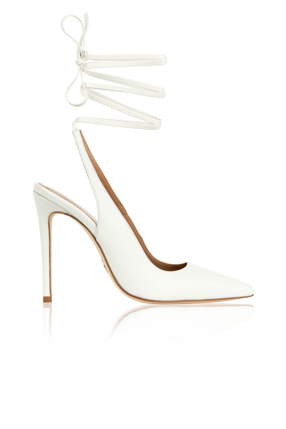 a white leather heeled stiletto with ankle straps